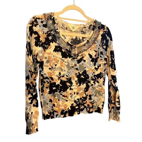 Anthropologie HWR Monogram Beaded Collar Crop Cardigan Sweater Abstract Pattern - Picture 3 of 14